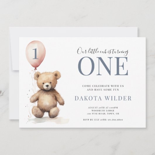 Invitation Little Watercolor Teddy Bear oy 1er Brithday (Devant)