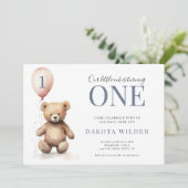 Invitation Little Watercolor Teddy Bear oy 1er Brithday (Debout devant)