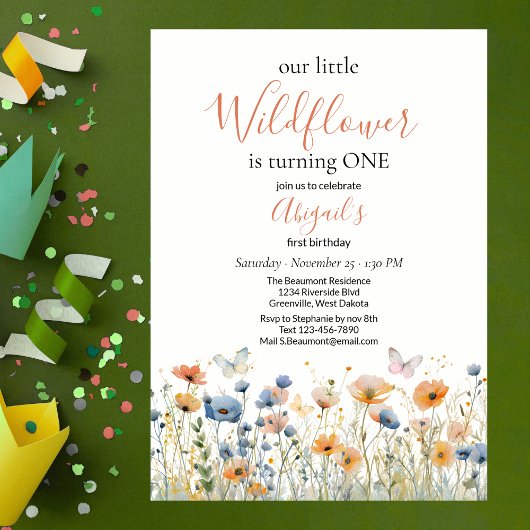 Invitation Little Wildflower Butterfly Meadow 1st Birthday