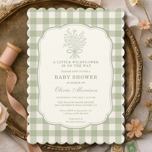 Invitation Little Wildflower Sage Green Gingham Baby Shower