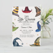 Invitation Little Wizards Twin Boy Grey Halloween Baby shower (Debout devant)