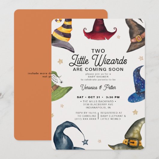 Invitation Little Wizards Twin Boy Halloween Baby shower (Devant / Derrière)