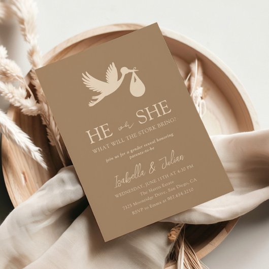 Invitation Livraison Brown de bébé Stork Lui ou elle Révélati