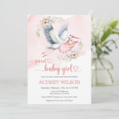 Invitation Livraison de cigogne douce bébé fille (Debout devant)