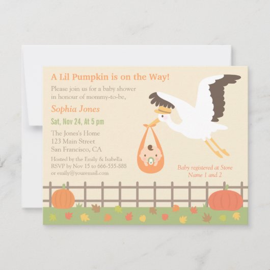Invitation Livraison de la cigogne Lil Citrouille Baby Shower (Devant)