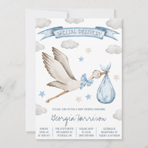 Invitation Livraison spéciale ! Baby Boy Blue Stork Baby show