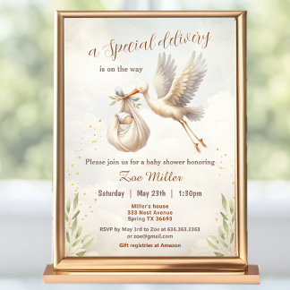 Invitation Livraison spéciale Baby shower de cigogne neutre p