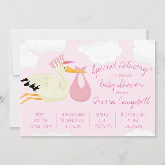 Invitation Livraison spéciale ! Baby shower de cigogne rose (Devant)
