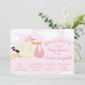 Invitation Livraison spéciale ! Baby shower de cigogne rose (Debout devant)