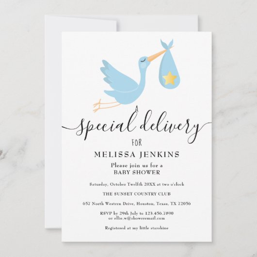Invitation Livraison spéciale Baby shower étoile Stork (Devant)