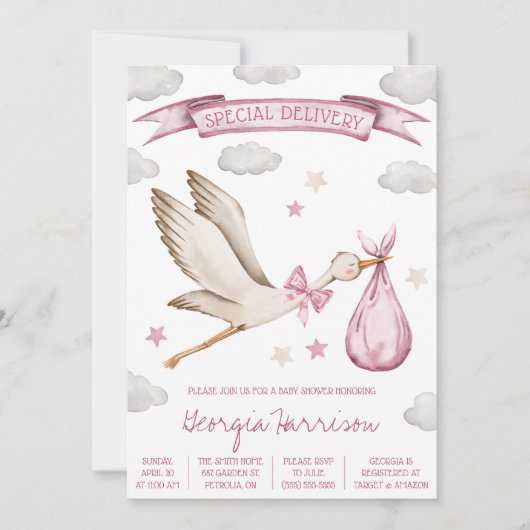 Invitation Livraison spéciale ! Bébé fille Baby shower de cig (Devant)