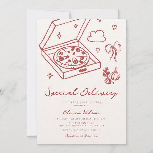 Invitation Livraison Spéciale Bébé Pizza Rouge (Devant)