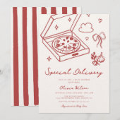Invitation Livraison Spéciale Bébé Pizza Rouge (Devant / Derrière)