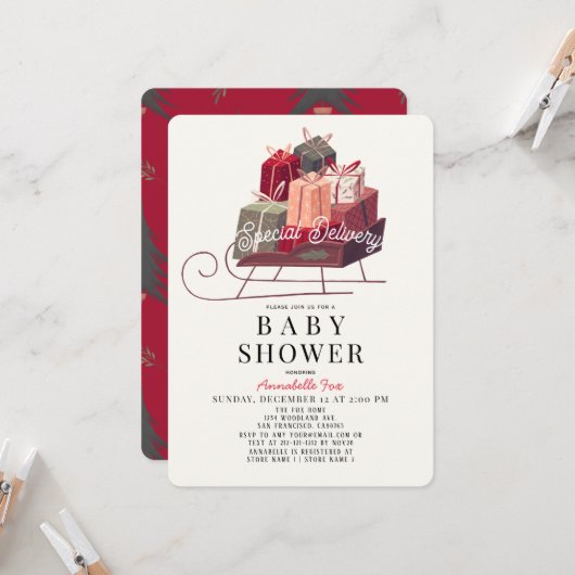 Invitation Livraison spéciale Cadeaux de nuit Baby shower de (Devant/Arrière en situation)