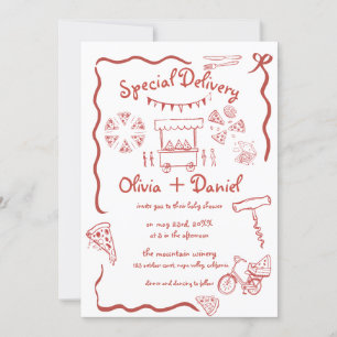 Invitation Livraison spéciale Pizza doodle baby shower fille 