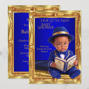 Invitation Livre bleu doré pour Baby Shower Ethnique Cute Lit
