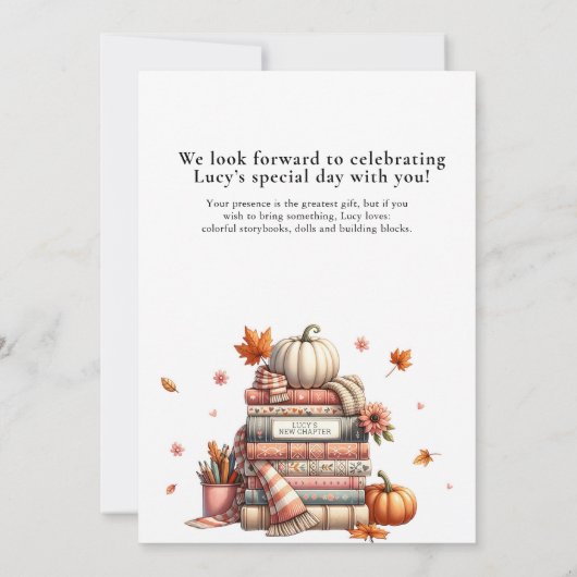 Invitation Livre d'automne Premier anniversaire Chapitre Un a (Dos)