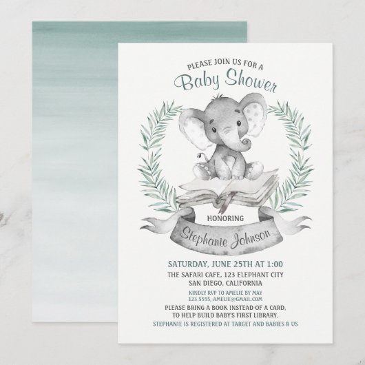 Invitation Livre de Baby shower Elephant Aquarelle (Devant / Derrière)