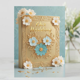 Invitation Livre de mariage élégant Fleurs Bleues Blanches Or