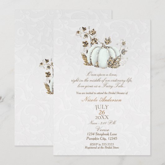 Invitation Livre d'histoires Or Blanc Citrouille Fée Conte de (Devant / Derrière)