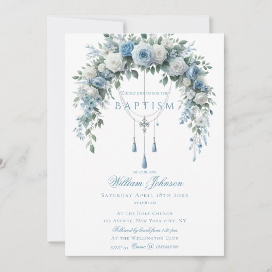Invitation Livre d'or de baptême Rose Bleue & Croix d'Argent (Devant)