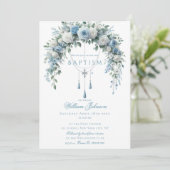 Invitation Livre d'or de baptême Rose Bleue & Croix d'Argent (Debout devant)