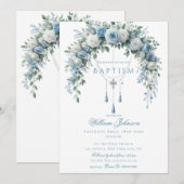 Invitation Livre d'or de baptême Rose Bleue & Croix d'Argent (Devant / Derrière)
