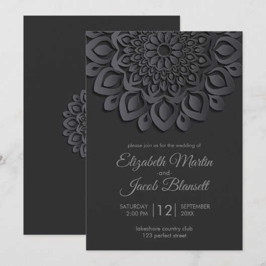 Invitation Livre noir moderne coupé Mariage Mandala (Devant / Derrière)