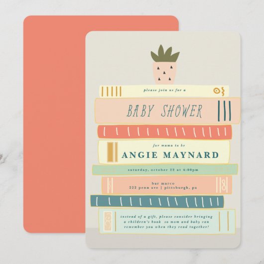 Invitation Livres à la menthe et rose pour Baby shower bébé (Devant / Derrière)