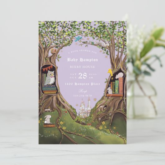 Invitation Livres d'Imaginaire pour Baby shower Lavender (Debout devant)