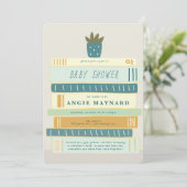 Invitation Livres en bleu et ivoire pour Baby shower bébé (Debout devant)