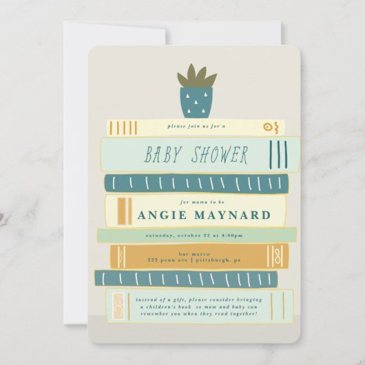 Invitation Livres en bleu et ivoire pour Baby shower bébé (Devant)