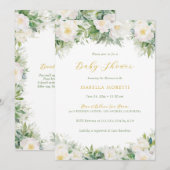 Invitation Livres floraux blanc et or pour Baby shower bébé (Devant / Derrière)