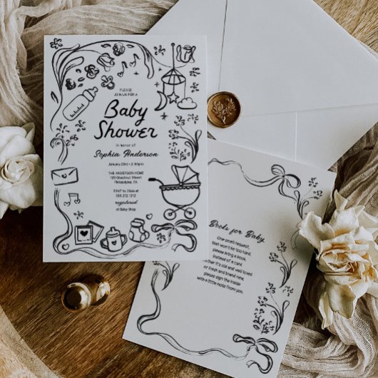 Invitation Livres Whimsical dessinés à la main pour bébé, Bab