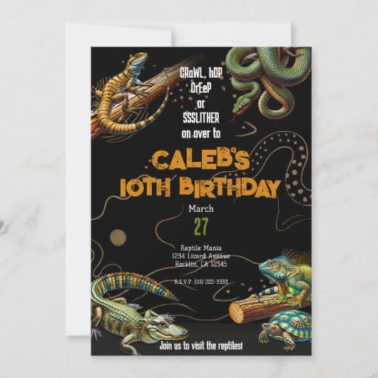 Invitation Lizard Serpent Turtle Reptile Dark Birthday Party (Devant)