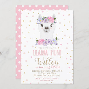 Invitation Llama 1er Anniversaire Fille Florale Pink Purple