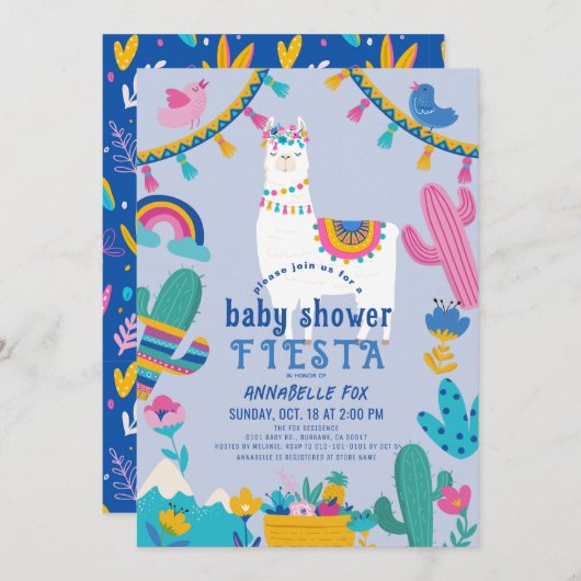 Invitation Llama Alpaca Cactus Fiesta Blue Boy Baby shower (Devant / Derrière)