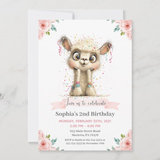 Invitation Llama Alpaca Floral Birthday Party (Devant)
