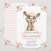 Invitation Llama Alpaca Floral Birthday Party (Devant / Derrière)