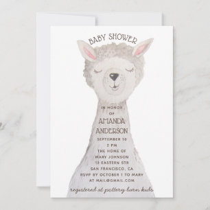 Invitation Llama Baby Shower   Douce Aquarelle Alpaga Animal