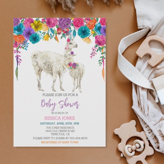 Invitation Llama Baby shower Fiesta Fleur vive