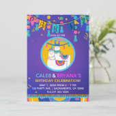 Invitation Llama bleu violet jaune coloré fête d'anniversaire (Debout devant)