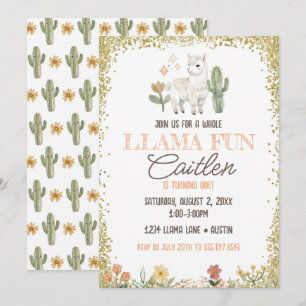 Invitation Llama Cactus Anniversaire Parties scintillant d'or