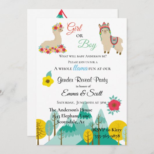 Invitation Llama Colorful Genre Reveal Party (Devant / Derrière)