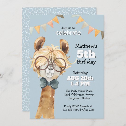 Invitation Llama drôle dans les lunettes Fête d'anniversaire  (Devant / Derrière)