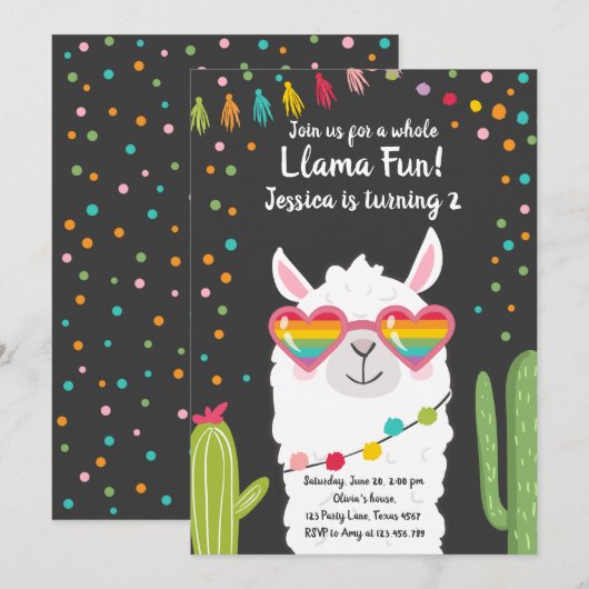 Invitation Llama Fiesta Lunettes de soleil Coeur Anniversaire (Devant / Derrière)