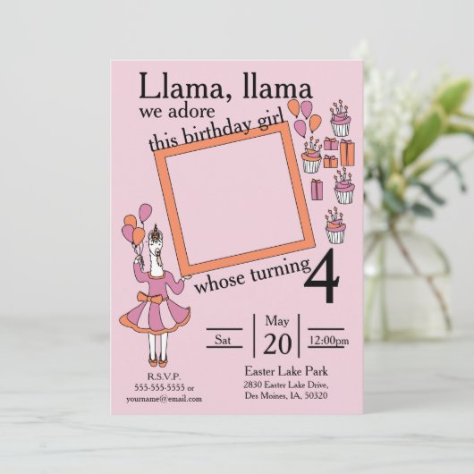 Invitation Llama fille d'anniversaire (Debout devant)