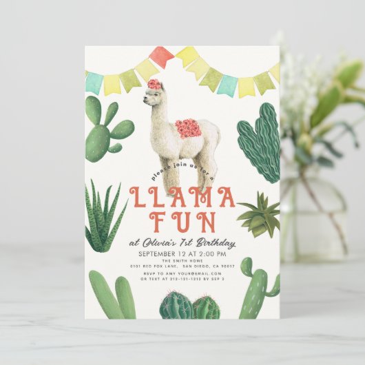 Invitation Llama Fun Alpaca Cactus 1er anniversaire (Debout devant)