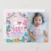 Invitation Llama Fun Alpaca Girl rose 1er anniversaire Photo (Devant)