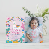 Invitation Llama Fun Alpaca Girl rose 1er anniversaire Photo (Debout devant)